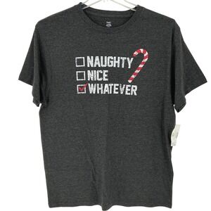 HOLIDAY Holiday Time Mens XL Grey Naughty Nice Whatever Christmas T Shirt Retro